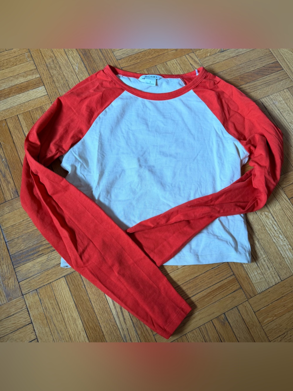 Monki White & Red Baseball Cropped Long-Sleeve Top